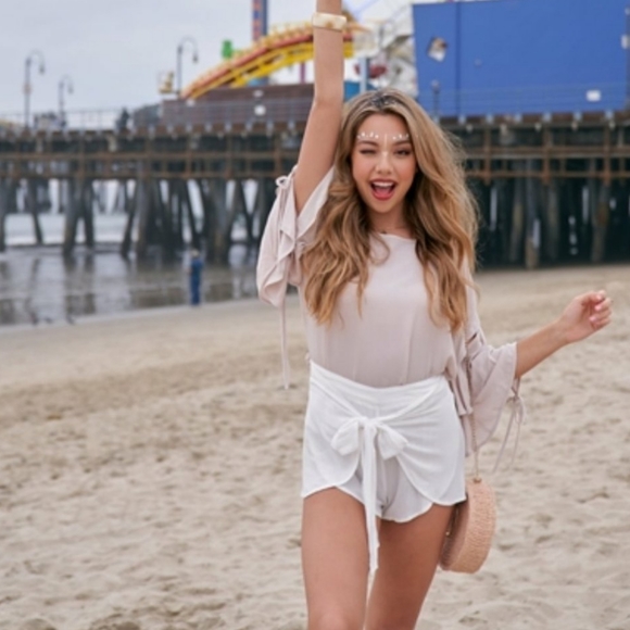 Anthro Cold Shoulder Cascading Bell Tie Sleeve Top - Picture 3 of 8